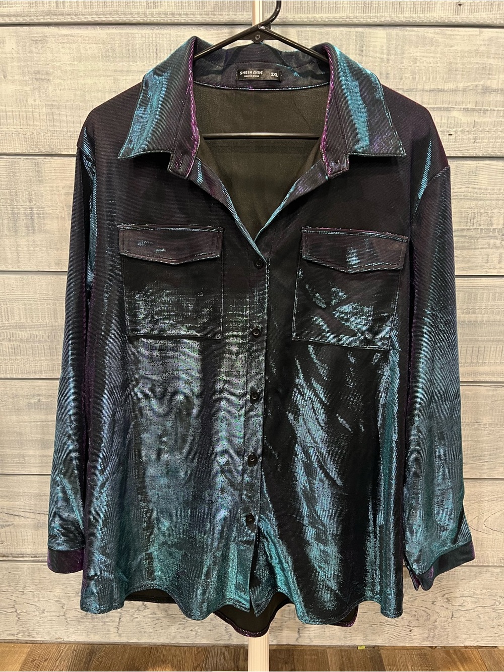 SHEIN Iridescent Teal and Black Satin Button-Down Shirt